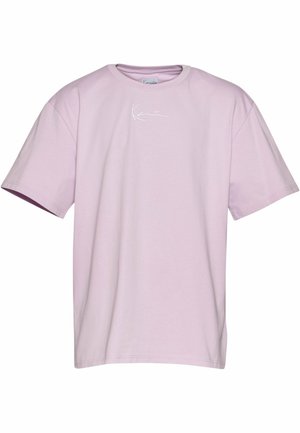 Lavender short-sleeve t-shirt made of cotton, featuring a white logo on the chest, with a relaxed fit and crew neckline.