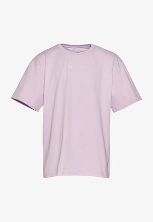 Lavender short-sleeve t-shirt made of cotton, featuring a white logo on the chest, with a relaxed fit and crew neckline.