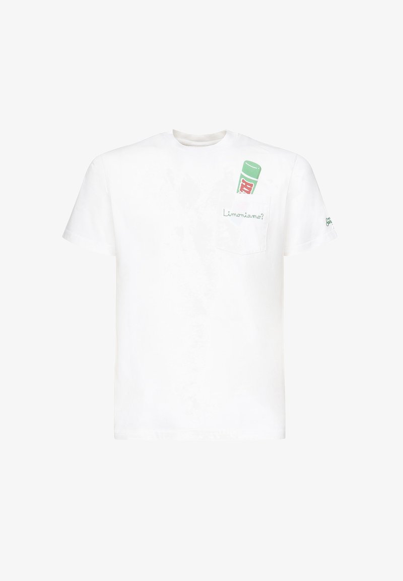 Witte katoenen t-shirt met een grafisch zakontwerp met een groene fles en de tekst "Limoniamo?". Korte mouwen en ronde hals.