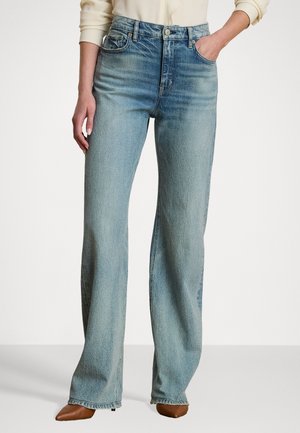 Lichtblauwe denim jeans met een losse pasvorm, hoge taille en rechte benen. Voorzien van een vijf-pocketontwerp en subtiele vervaging overal.