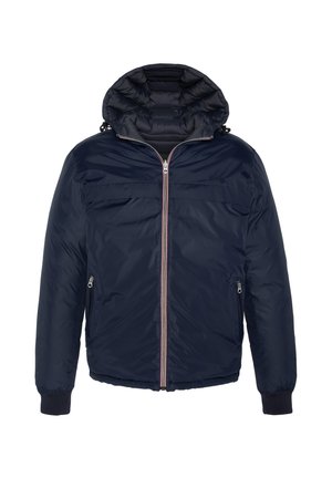 Marineblauer Puffer-Jacke mit Reißverschluss, abnehmbarem Kapuzen, gerippten Bündchen und zwei vorderen Reißverschlusstaschen. Strukturierter Stoff mit kontrastierender Innenauskleidung.