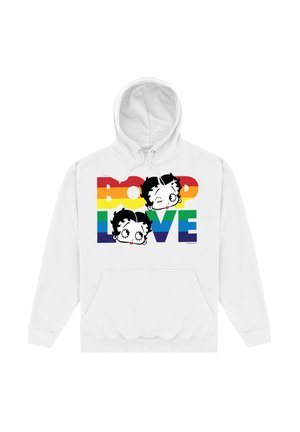 Biała bluza z kapturem z graficznym wzorem przedstawiającym dwie rysunkowe twarze oraz napisem "BOOP LOVE" w tęczowych kolorach, podkreślająca zabawny styl.