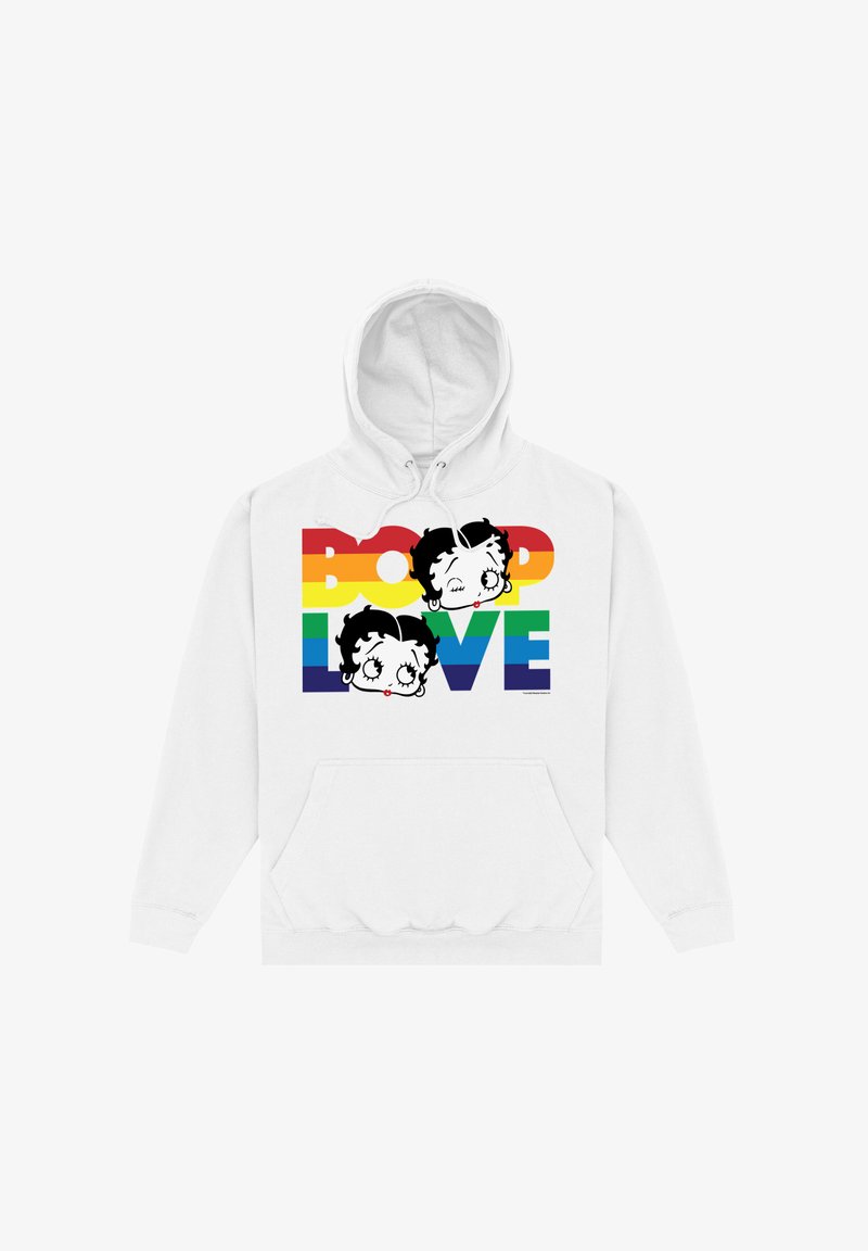 Biała bluza z kapturem z graficznym wzorem przedstawiającym dwie rysunkowe twarze oraz napisem "BOOP LOVE" w tęczowych kolorach, podkreślająca zabawny styl.