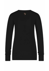 Schwarzes Langarmshirt aus weichem Stoff, mit Rundhalsausschnitt, eng anliegenden Ärmeln mit gerafften Bündchen und einem kleinen Logo auf dem Rücken.