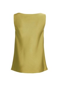 Blouse en satin sans manches vert olive clair avec un col bateau et une texture lisse et fluide.