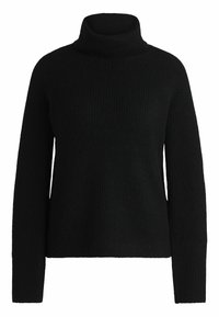 Svart stickad tröja med hög krage, långa raglanärmar och en strukturerad ribbmönster. Åtsittande och höftlång design.