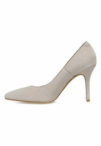 Beige zamša augstpapēžu kurpe ar norādītu purngalu un stiletto papēdi. Dizains izceļas ar gludu tekstūru un tīrām līnijām.