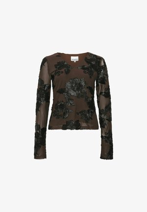Brown long-sleeve top with a V-neck, featuring black floral embroidery on a sheer fabric. Textured flower patterns across the front and sleeves.