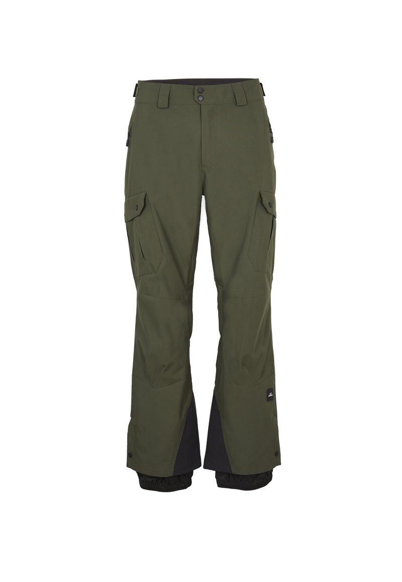 Olivgrüne Cargo-Hosen mit geradem Schnitt, ausgestattet mit zwei großen Seitentaschen, schwarzen Akzenten an den Bündchen und einem Knopfverschluss.
