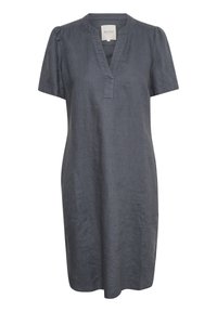 Robe en lin gris foncé d'une longueur au genou avec manches courtes bouffantes, encolure en V et détails de coutures sur le devant, sans attaches visibles.
