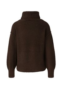 Brauner Fleece-Pullover mit hohem Kragen, gerippten Bündchen und Saum. Verfügt über ein lockeres, gemütliches Design mit einer strukturierten Oberfläche. Rückansicht gezeigt.
