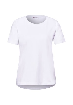 Camiseta blanca lisa de manga corta con cuello redondo, dobladillo ligeramente asimétrico y etiqueta "Street One" en el interior del cuello.