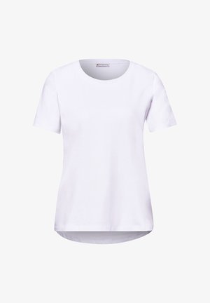 T-shirt blanc uni à manches courtes et col rond, avec un léger ourlet asymétrique et une étiquette "Street One" à l'intérieur du col.