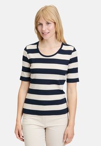 Navy and cream striped short-sleeve top with a round neckline and ribbed texture, fitted design.