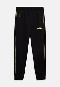 Svarta atletiska joggers i slät tyg, med neongröna sido ränder och en logotyp på framsidan. Inkluderar fickor med dragkedja.