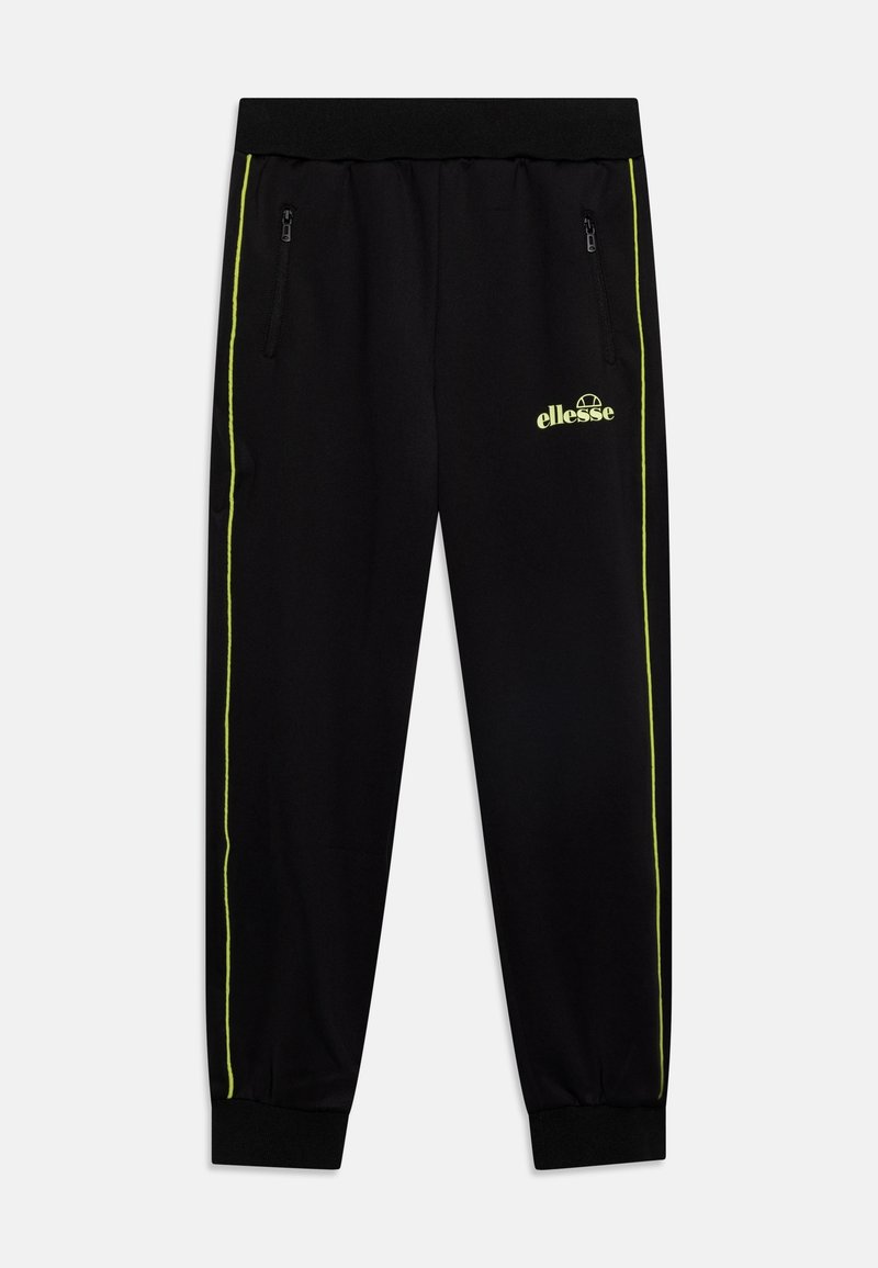 Svarta atletiska joggers i slät tyg, med neongröna sido ränder och en logotyp på framsidan. Inkluderar fickor med dragkedja.