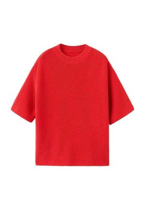 Pull rouge en maille à manches courtes avec un col rond, présentant un motif texturé et une coupe décontractée, affiché sur un fond uni.