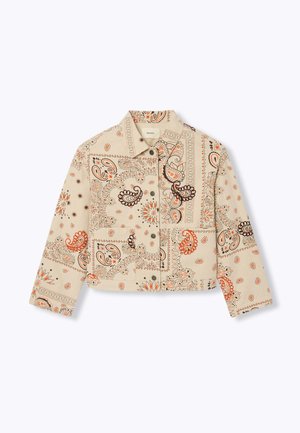 Veste courte beige avec motifs cachemire et floraux en orange, noir et marron, manches longues, fermeture par boutons et col.