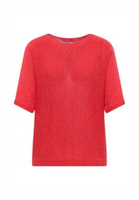 Pull rouge en maille à manches courtes, col rond et couture verticale texturée devant.