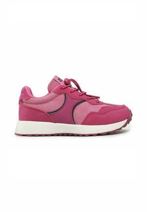 Pink athletic sneaker with dark pink and light pink panels, white sole, and elastic toggle laces, shown in side profile on a white background.
