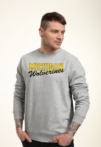 Grijze sweatshirt met lange mouwen, met "MICHIGAN Wolverines" in gele en zwarte tekst. Crew neck ontwerp met geribbelde manchetten.