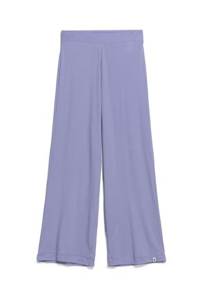 Pantalon lavande à jambes larges avec taille élastique et petite étiquette logo près de l'ourlet sur la jambe droite, présenté sur fond blanc.