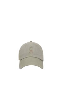 Khaki baseball cap made of cotton, featuring a rounded crown, adjustable strap, and small embossed logo on the front.