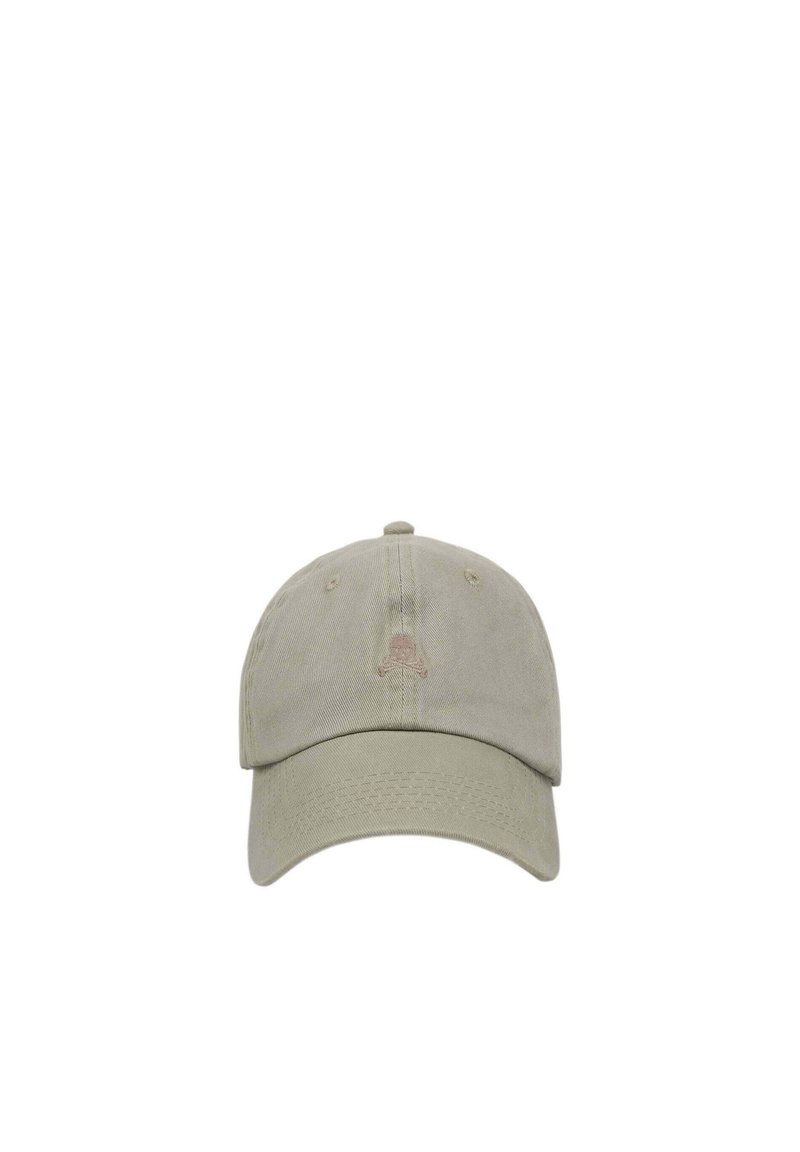 Khaki baseball cap made of cotton, featuring a rounded crown, adjustable strap, and small embossed logo on the front.