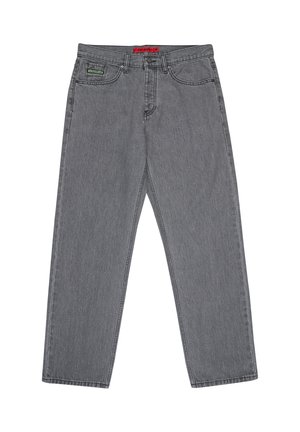 Graue Jeans aus Denim mit gerade geschnittenen Beinen, ausgestattet mit einem roten Etikett am Bund und dezenten Steppnähten. Klassisches Design mit fünf Taschen.