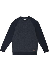 Granatowa bluza z teksturowanym korpusem, raglanowymi rękawami, ściągaczami przy mankietach i u dołu. Posiada małą skórzaną metkę u dołu.