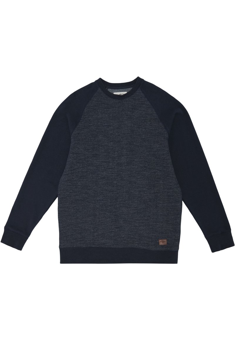 Granatowa bluza z teksturowanym korpusem, raglanowymi rękawami, ściągaczami przy mankietach i u dołu. Posiada małą skórzaną metkę u dołu.