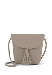 Piccolo borsa a tracolla in pelle beige con una patta arrotondata, dettaglio con nappina sul davanti e chiusura a scatto. Presenta una tracolla sottile e regolabile.