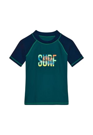 Kurzärmeliges Kinder-Schwimmshirt in Dunkelblau und Navy mit farbigem "SURF"-Schriftzug und Wellenmotiv auf der Vorderseite.