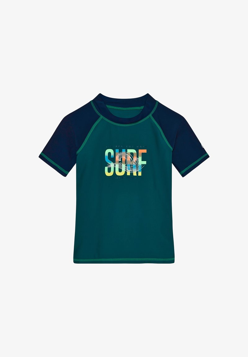 T-shirt de bain à manches courtes pour enfants en bleu sarcelle foncé et marine, avec un texte coloré "SURF" et un graphique de vague sur le devant.