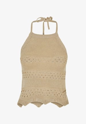 Beige pletený halter top s otevřenými vzory, texturovaným povrchem a scalloped lemem. Nastavitelné šňůrky pro přizpůsobení velikosti.