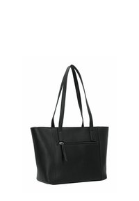 Sac fourre-tout en cuir noir avec surface texturée, deux longues poignées et une poche zippée à l'avant. Forme rectangulaire avec des côtés structurés.