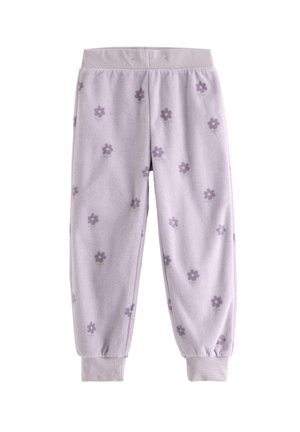 Vaaleanvioletit fleece-housut, joissa on joustavat resorit lahkeissa ja vyötäröllä. Housut on koristeltu pienillä tummanvioleteilla kukilla, joissa on vaaleanpunaiset keskukset ja vihreät varret.