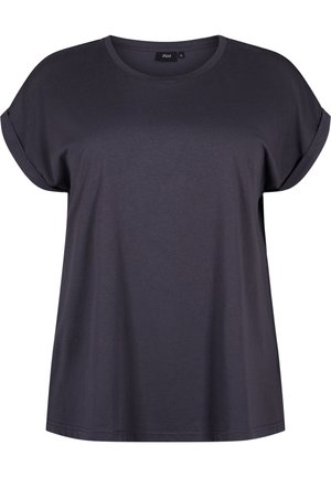 Dark gray short-sleeve t-shirt with a round neckline and rolled cuffs, made from smooth cotton fabric. Casual fit, minimal design.