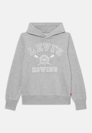 Felpa grigia realizzata in morbido tessuto, con tasca frontale, cappuccio regolabile con cordino e stampa bianca "LEVI'S ROWNG" con grafica di una barca a remi.