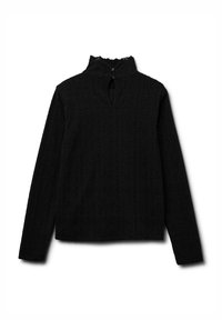 Maglietta nera a maniche lunghe con colletto arricciato alto, scollatura a occhiello e motivo testurizzato. Presenta cinque bottoni sul retro.