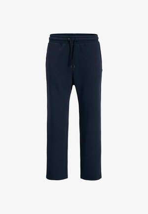 Temno modri trenirke iz mešanice bombaža, z elastičnim pasom s vrvico, stranskimi žepki in naravnim krojem.