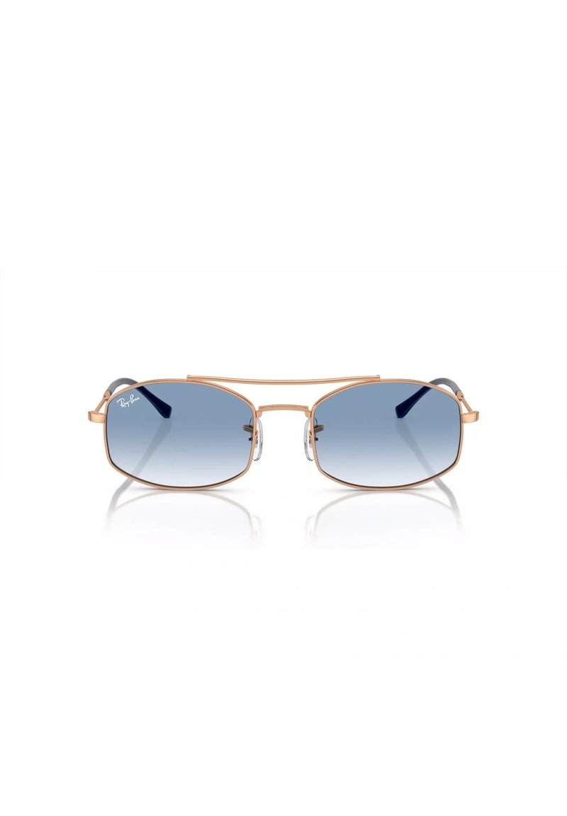 Occhiali da sole Ray-Ban con montatura in metallo dorato, lenti ovali a gradiente blu, supporti nasali e dettagli decorativi sulle tempie.