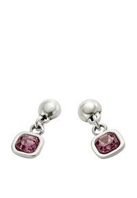 Pendientes de plata con coronas redondas en forma de bola y colgantes de piedras preciosas rosas en forma cuadrada, que muestran un diseño elegante y una textura suave.