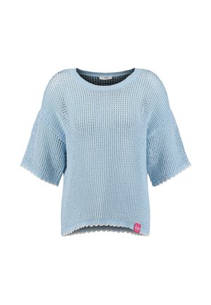 Light blue loose-knit short-sleeve sweater with a round neck and scalloped edges, featuring a small pink "LOVE" tag at the bottom hem.