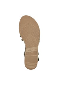 Suela de sandalia Tamaris, de goma beige con patrón estriado para mayor tracción, que presenta un diseño moldeado y el tamaño "37" grabado en el lado.