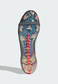 Transparent snøresål har et farverigt skeletdesign med en gradient af blå, pink og orange, og er fremhævet af en mørk rem.