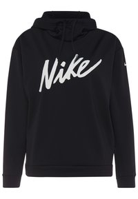 Felpa nera con cappuccio realizzata in tessuto morbido, con un grande logo "Nike" bianco sul davanti e cappuccio con cordino. Maniche lunghe con polsini a costine.
