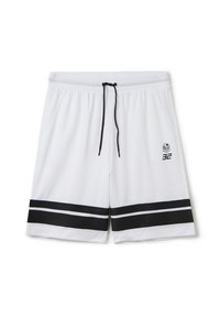 Pantalones cortos deportivos blancos fabricados con un material transpirable, que cuentan con un cordón negro, dos bolsillos laterales y rayas negras con detalles blancos.
