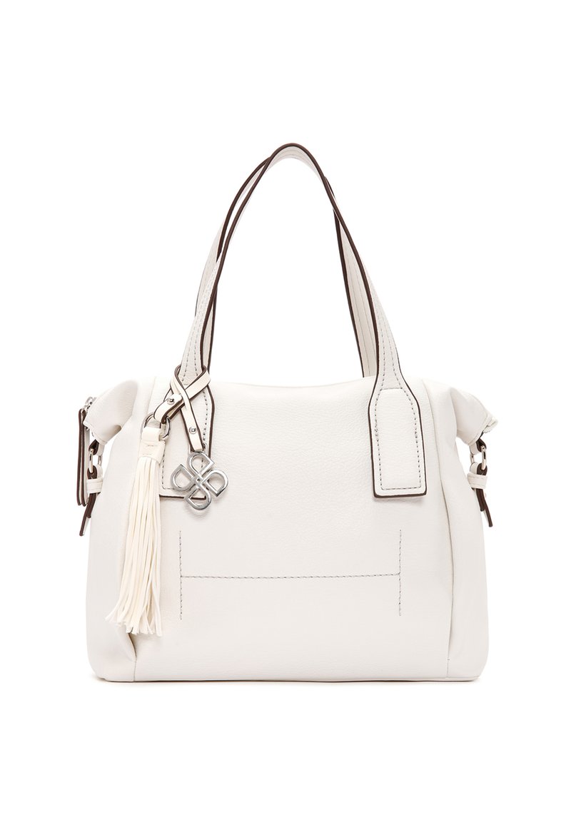 Borsa a mano in pelle bianca con forma strutturata, cuciture di accento marroni, doppi manici e un ciondolo decorativo con frange e logo.