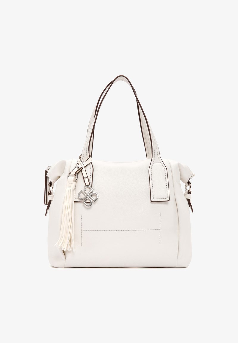 Biała skórzana torebka o usztywnionym kształcie, z brązowym przeszyciem, podwójnymi uchwytami oraz dekoracyjnym frędzlem i zawieszką z logo.